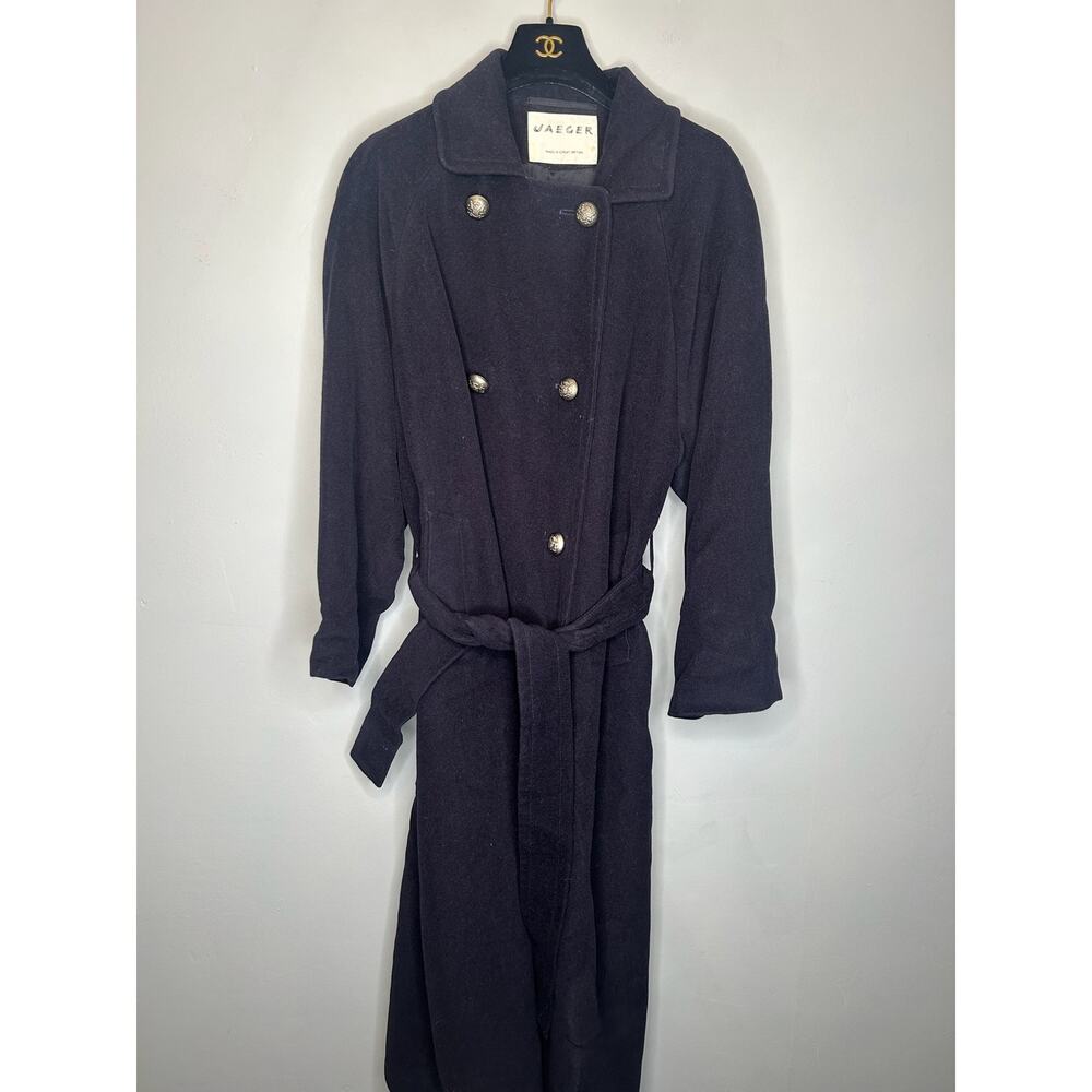 Vintage Jaeger Black Wool Double-Breasted Belted Trench Coat Jacket Size 8